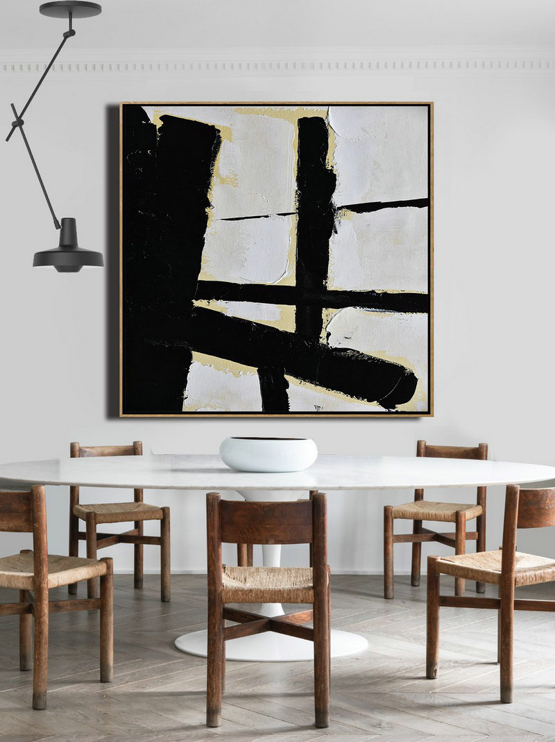 Handmade Extra Large Contemporary Painting,Handmade Minimal Art Palette Knife Canvas Painting, Black White Beige - Canvas Artwork For Sale